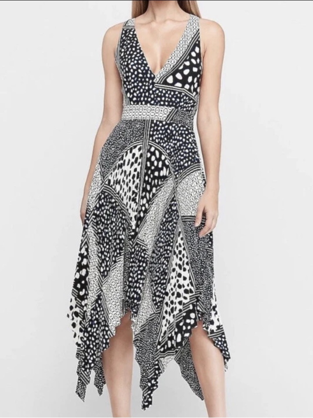 Express Black White and blue V-Neck Handkerchief-Hem Dress